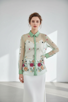 Trend4us Luxe Sheer Floral Embroidered Button-Up Blouse in Mint Green