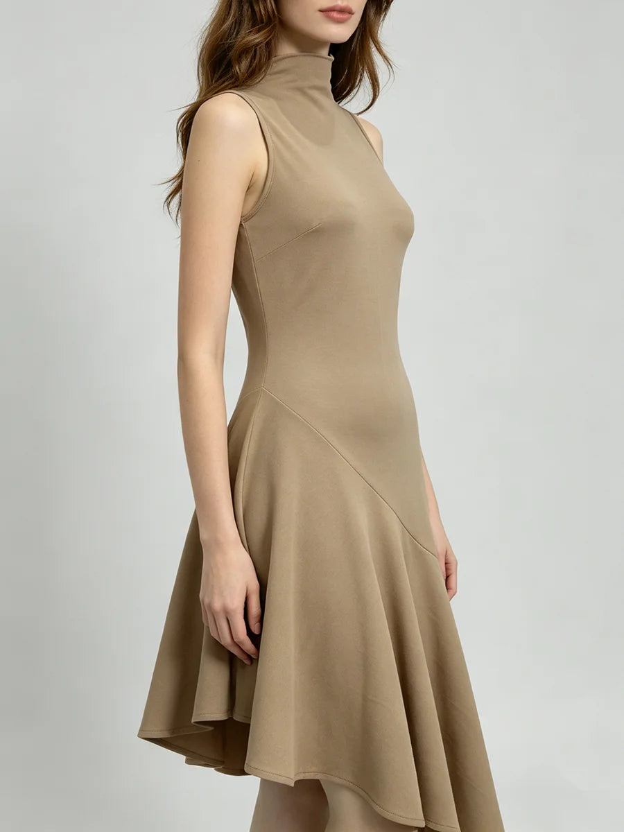 Trend4us Elegant High-Neck Asymmetrical Hem Midi Dress