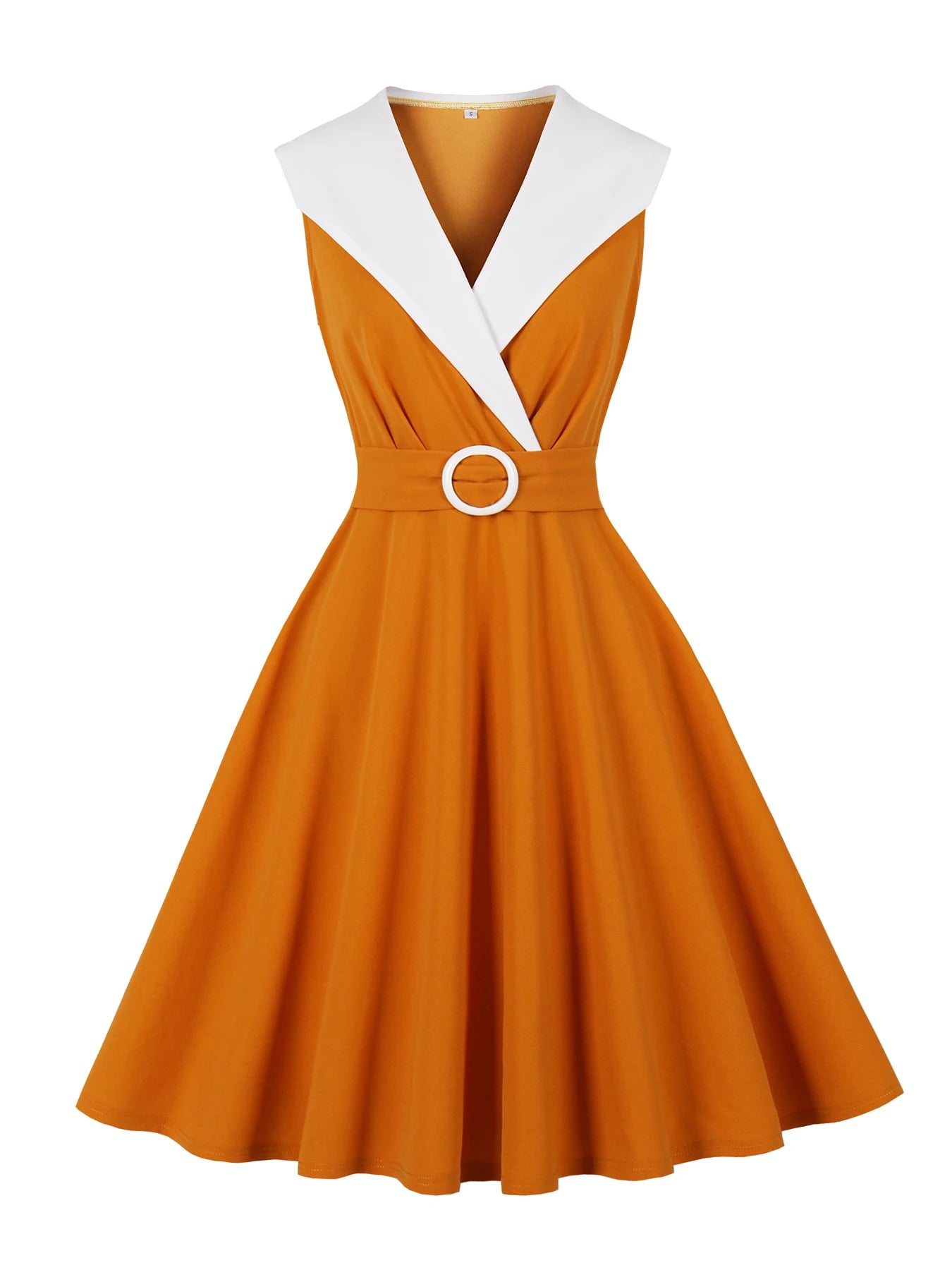 Trend4us Vintage Contrast Collar Belted Fit & Flare Swing Dress in Orange in orange