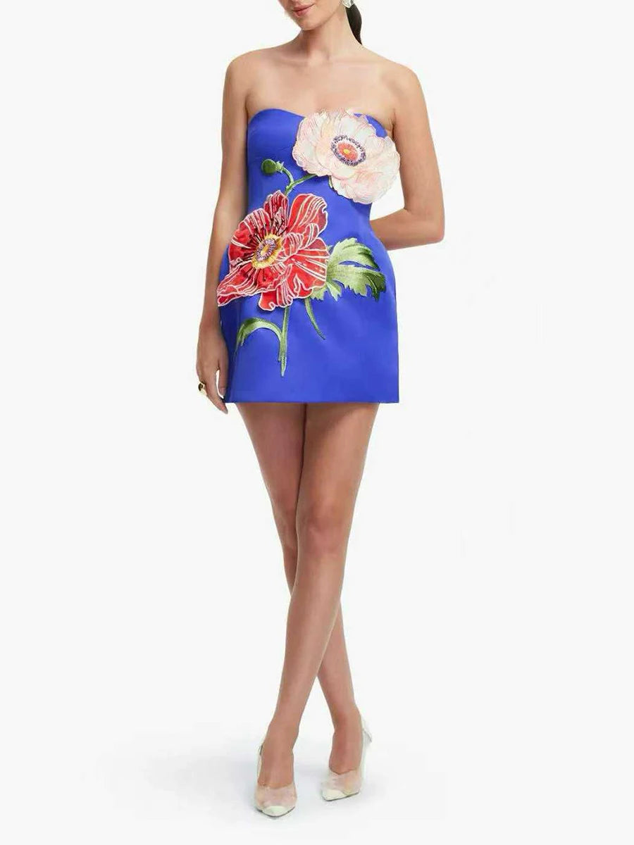 Trend4us Luxe Floral Appliqué Strapless High Waist Mini Dress