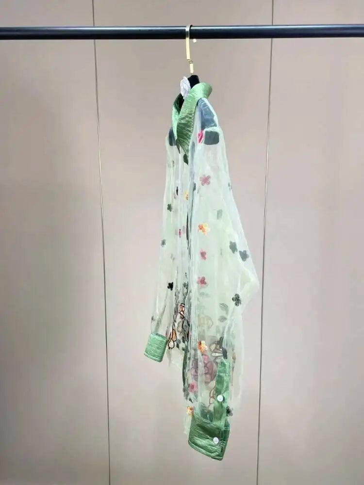 Trend4us Luxe Sheer Floral Embroidered Button-Up Blouse in Mint Green