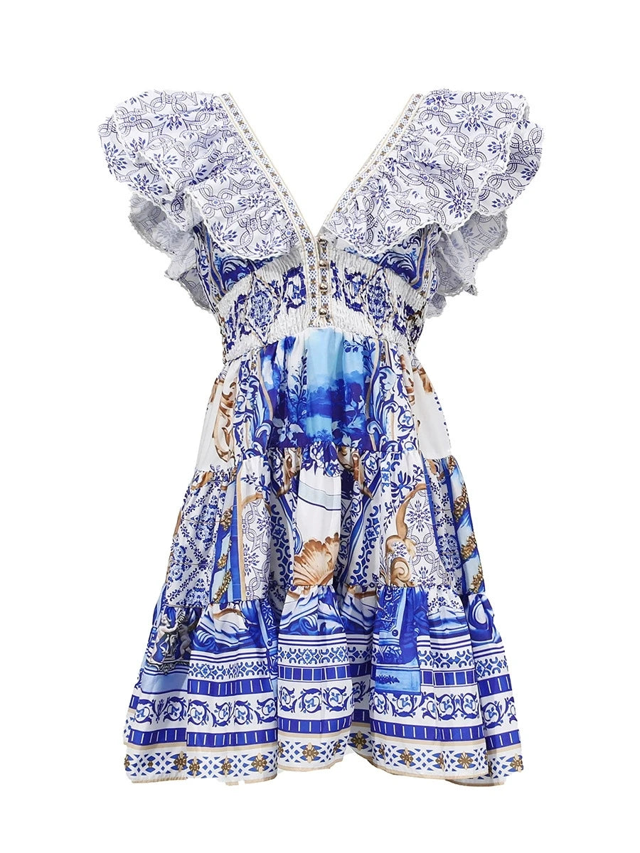 Trend4us Luxe Mediterranean Print Ruffle Mini Dress