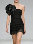Trend4us Luxe Strapless Rosette Ruched Lace Mini Dress