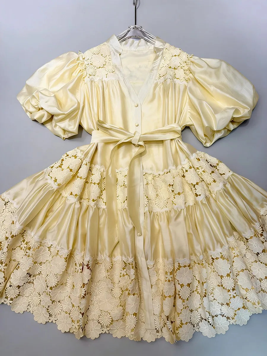 "Yellow lace puff sleeve dress - full front view on model"