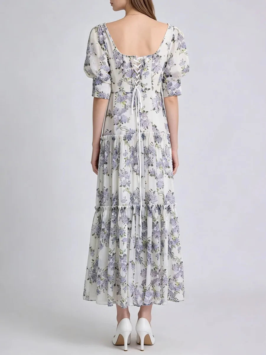 Purple floral lace-up back maxi dress back view