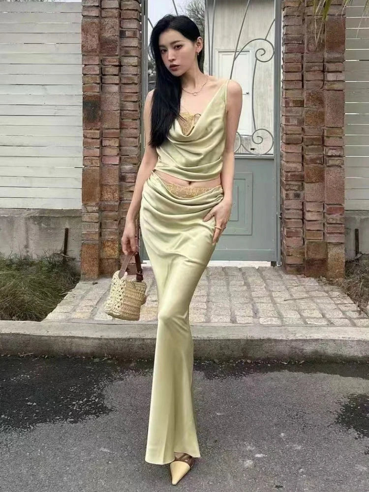 Trend4us Luxe Satin Lace Cowl Neck Maxi Skirt Set – Green