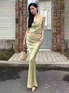 Trend4us Luxe Satin Lace Cowl Neck Maxi Skirt Set – Green