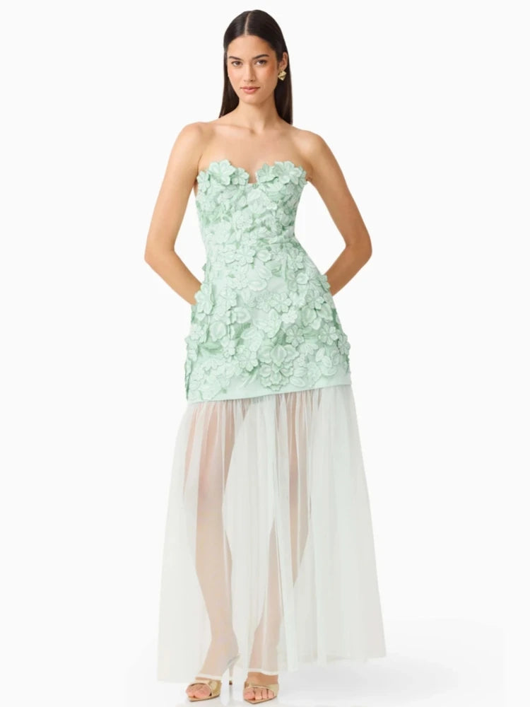 Trend4us Luxe 3D Floral Embroidered Strapless Illusion Evening Dress