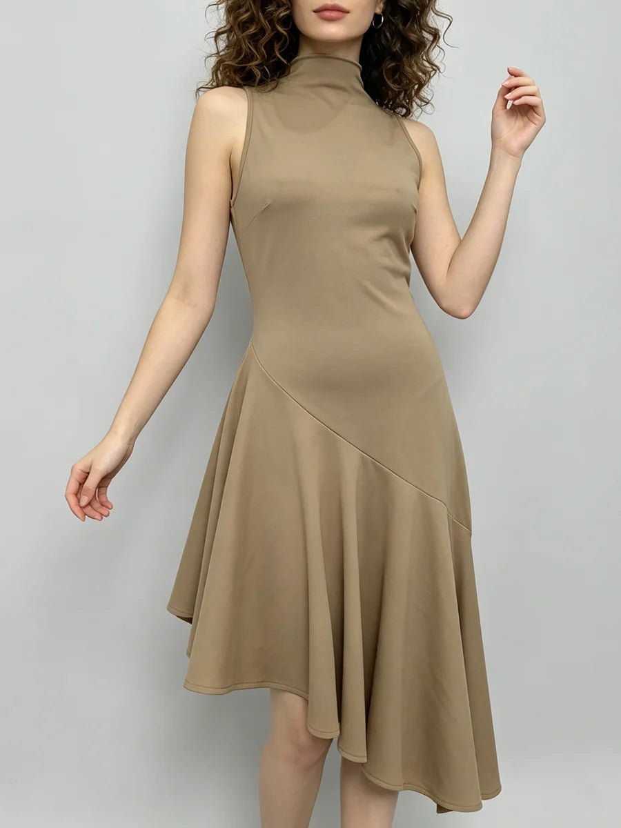 Trend4us Elegant High-Neck Asymmetrical Hem Midi Dress