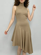 Trend4us Elegant High-Neck Asymmetrical Hem Midi Dress