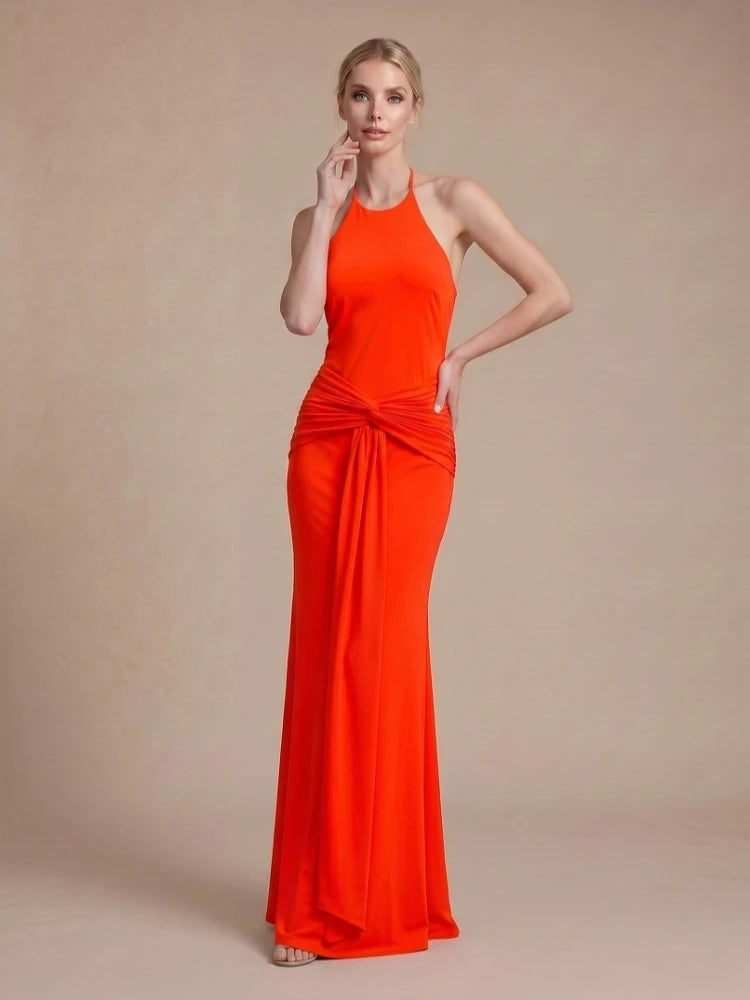 Trend4us Luxe Backless Halter Ruched Mermaid Maxi Dress