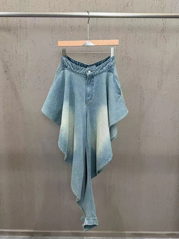 Trend4us Luxe Asymmetrical Denim Crop Top & Draped Skirt Set in blue