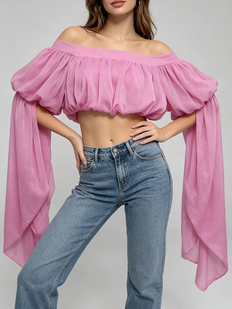 Trend4us Romantic Off-Shoulder Chiffon Puff Sleeve Crop Top