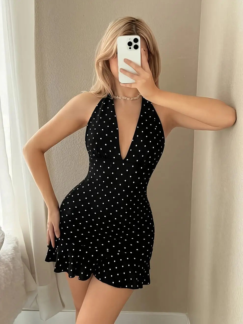 Trend4us Vintage Polka Dot Halter Backless Ruffle Mini Dress