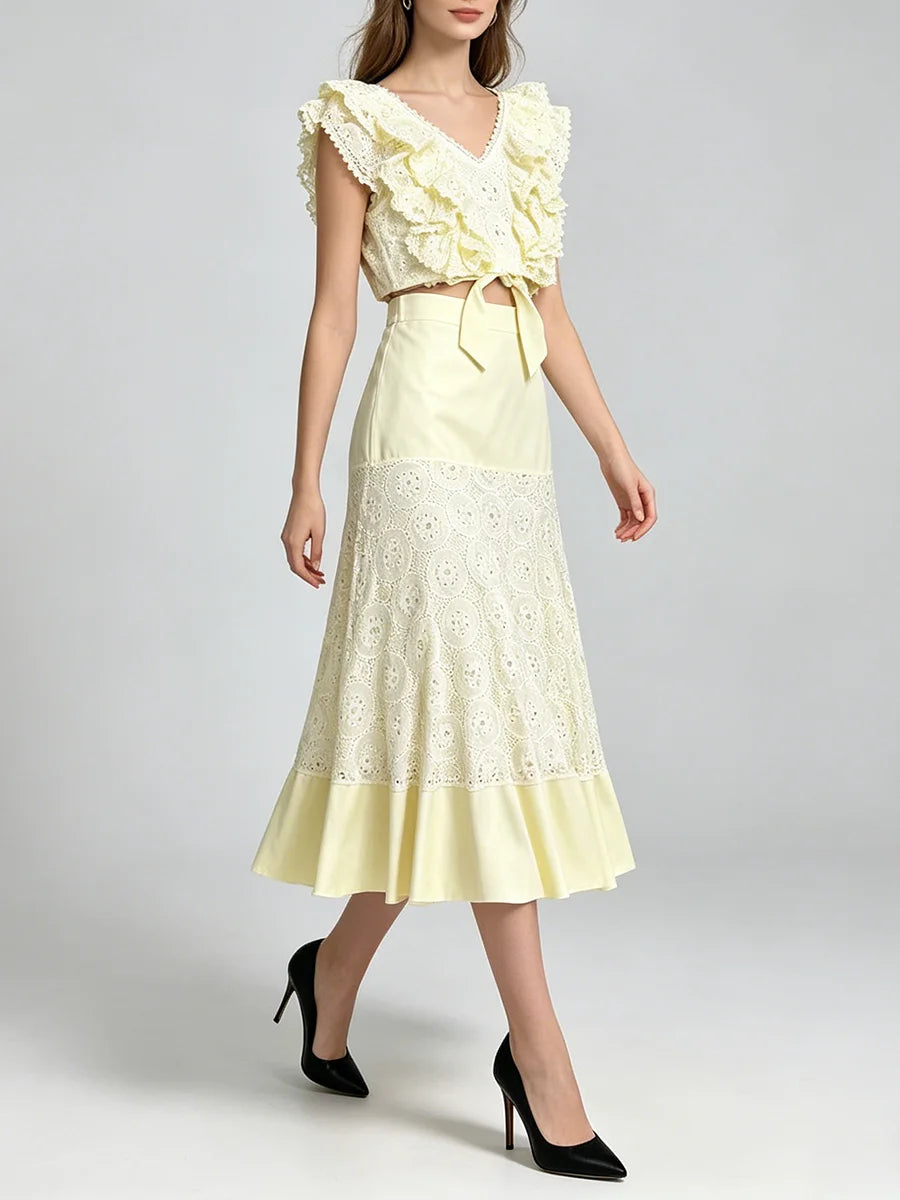 Trend4us Luxe Eyelet Lace Ruffle Crop Top & Midi Skirt Set