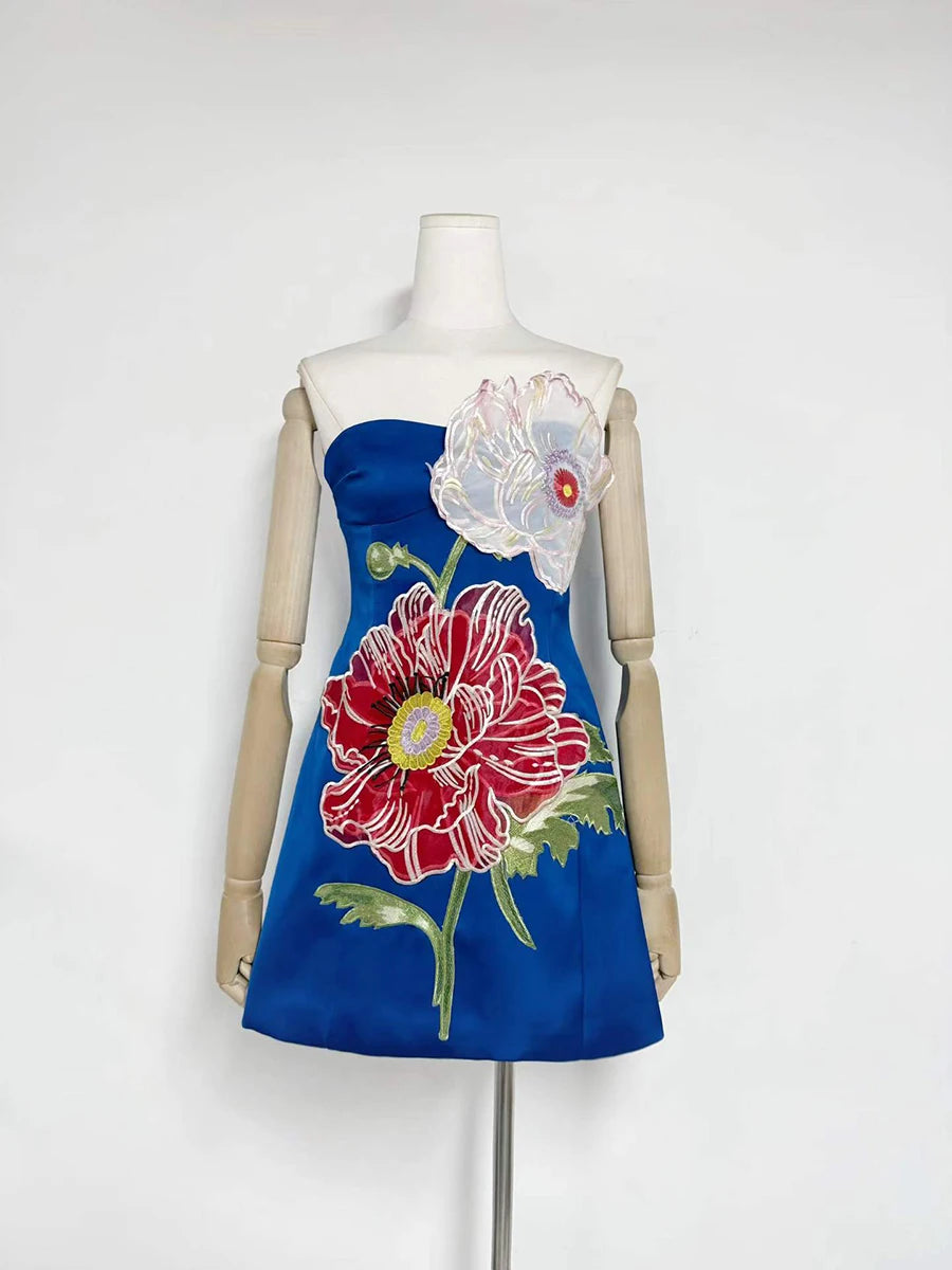Trend4us Luxe Floral Appliqué Strapless High Waist Mini Dress