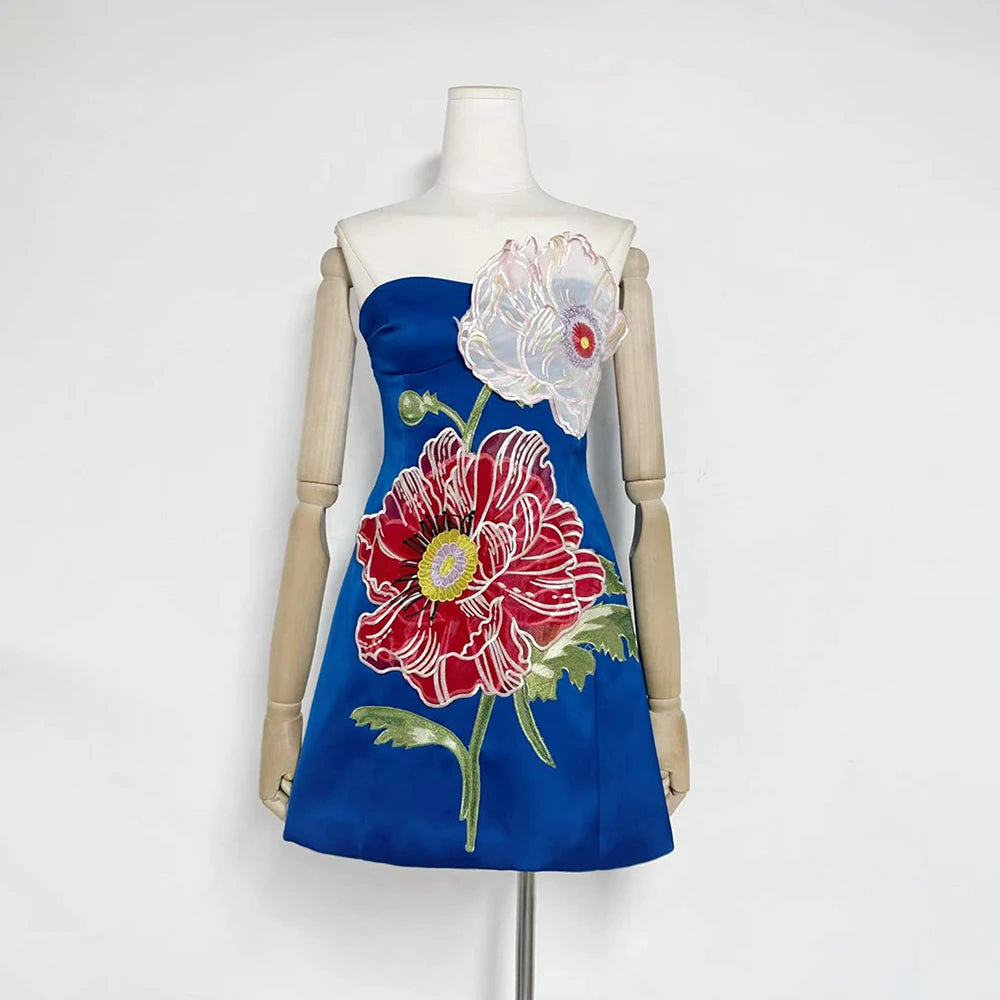 Trend4us Luxe Floral Appliqué Strapless High Waist Mini Dress - Blue