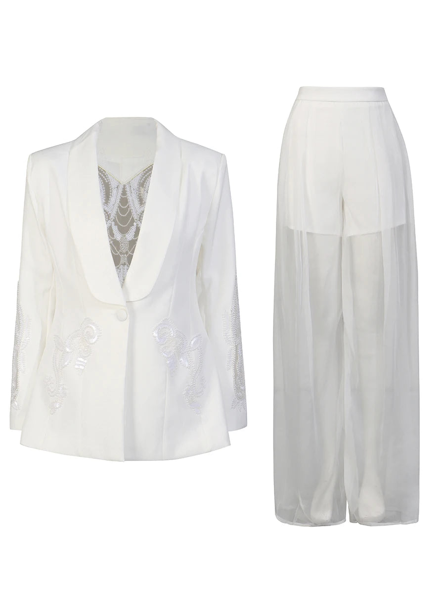 Crystal beaded blazer and sheer wide-leg pants set in white