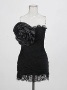 Trend4us Luxe Strapless Rosette Ruched Lace Mini Dress