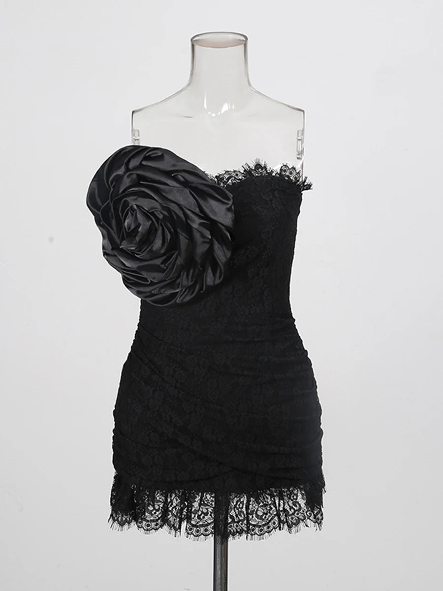 Trend4us Luxe Strapless Rosette Ruched Lace Mini Dress