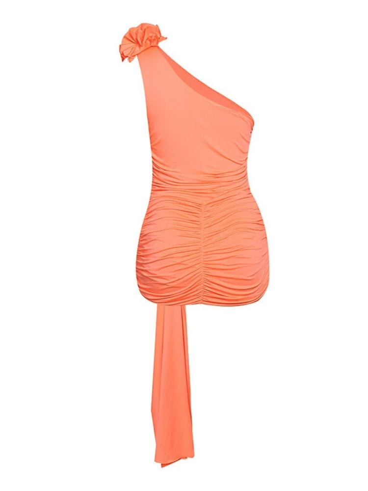 Trend4us Luxe Rosette One-Shoulder Ruched Draped Mini Dress