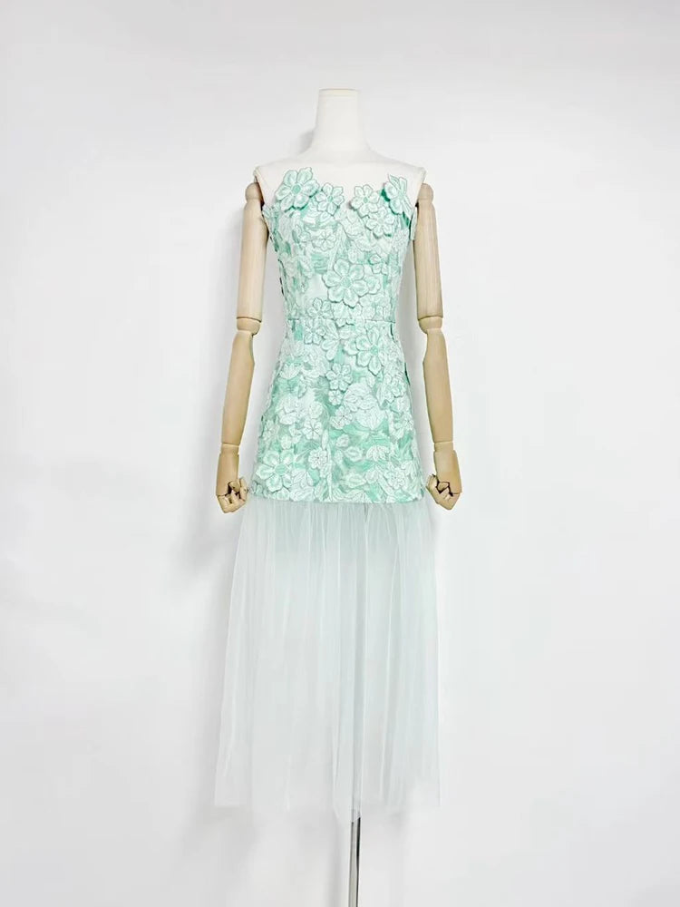 Trend4us Luxe 3D Floral Embroidered Strapless Illusion Evening Dress-Green