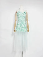Trend4us Luxe 3D Floral Embroidered Strapless Illusion Evening Dress-Green