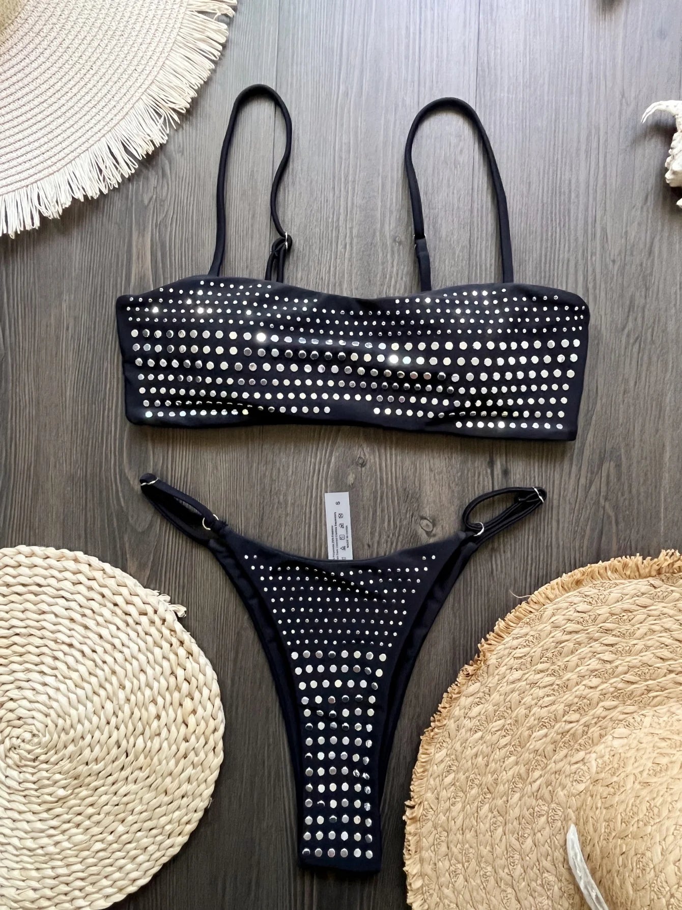 Trend4us Luxe Rhinestone Bandeau Bikini Set in black