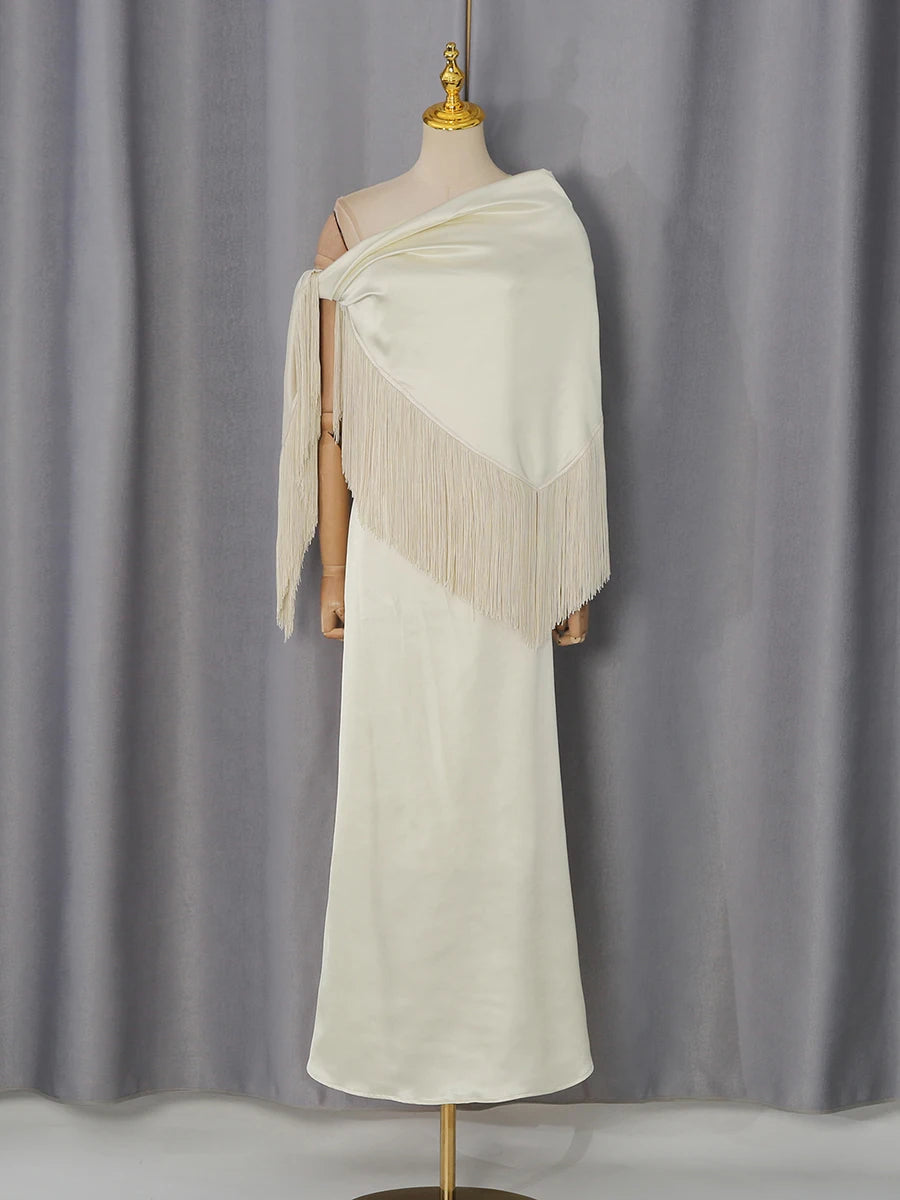 Trend4us Luxe Satin Fringe Shawl One-Shoulder Evening Dress