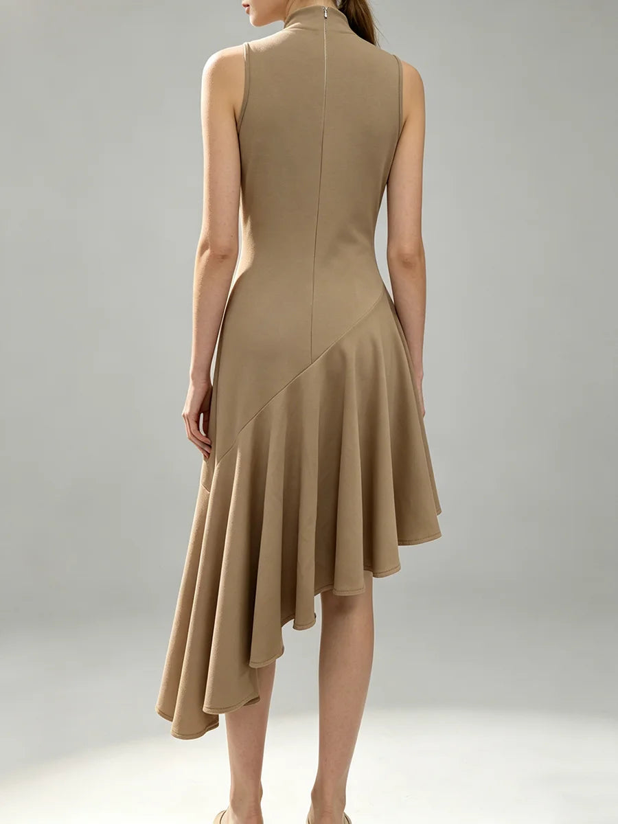 Trend4us Elegant High-Neck Asymmetrical Hem Midi Dress