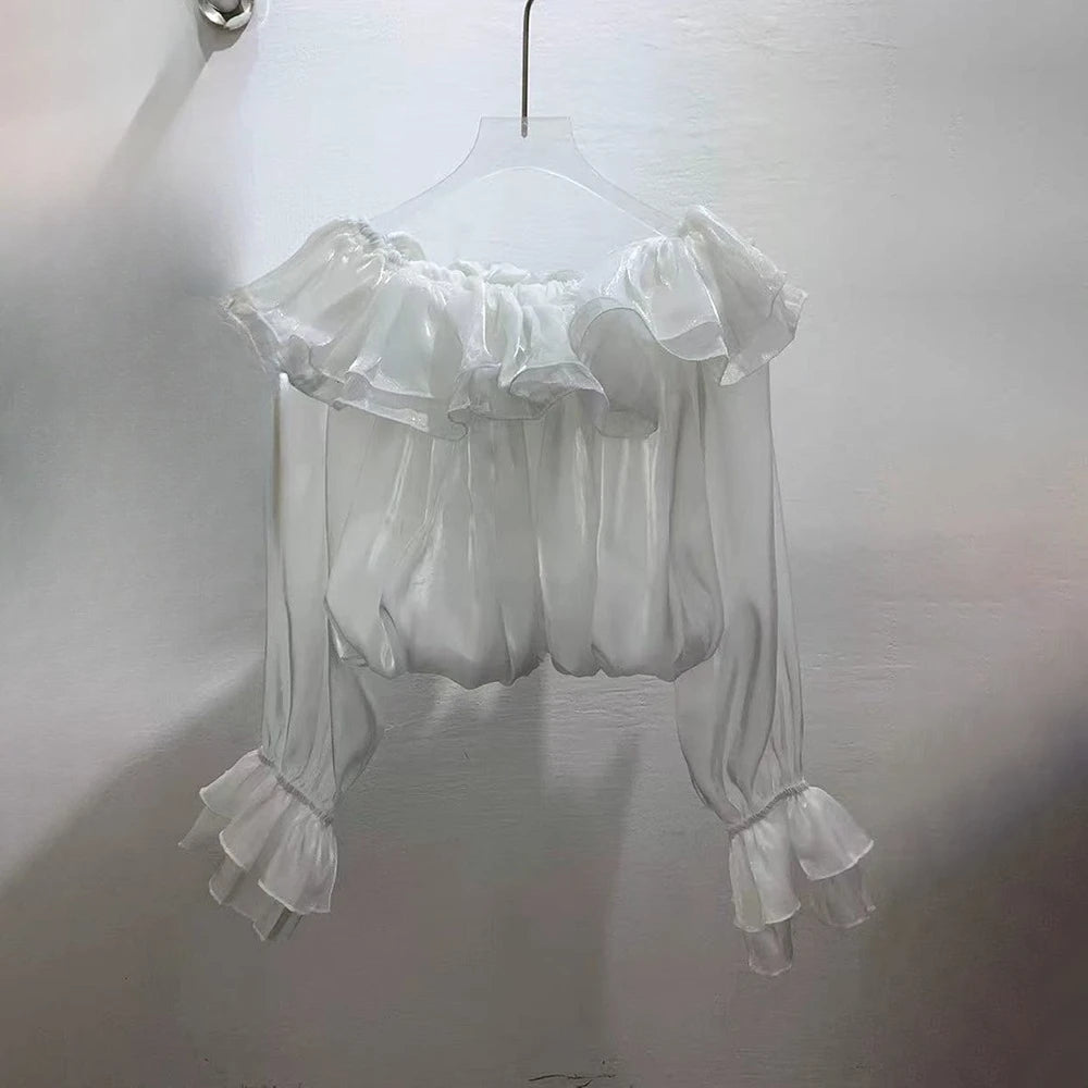 Trend4us Luxe Off-Shoulder Ruffle Organza Crop Blouse - White