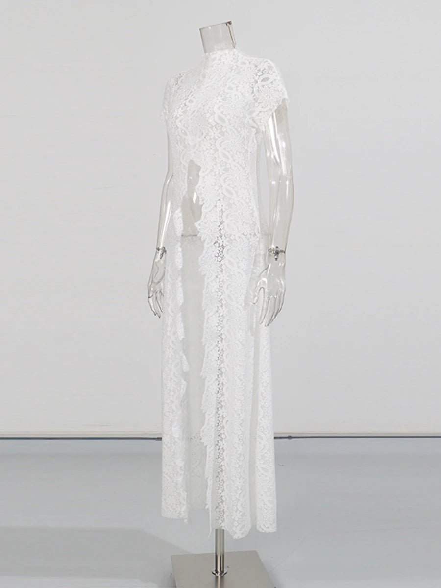 Trend4us Luxe Sheer Lace Cutout Top & Wide-Leg Pants Set