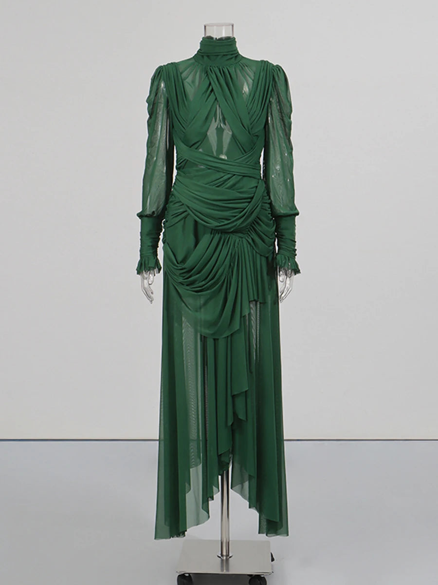 Trend4us Luxe Sheer Draped Illusion High-Neck Evening Gown