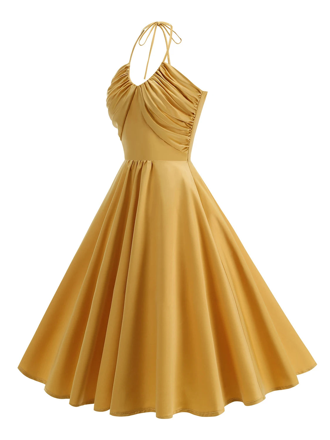 Trend4us Vintage Halter Ruched Summer Fit & Flare Dress in gold side view