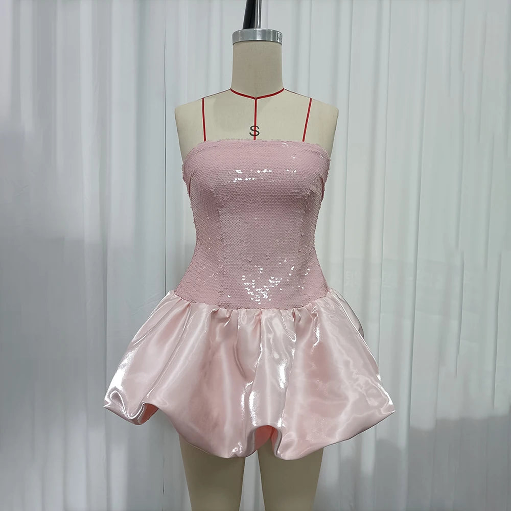 Trend4us Luxe Strapless Sequin Bubble Hem Mini Dress - Pink