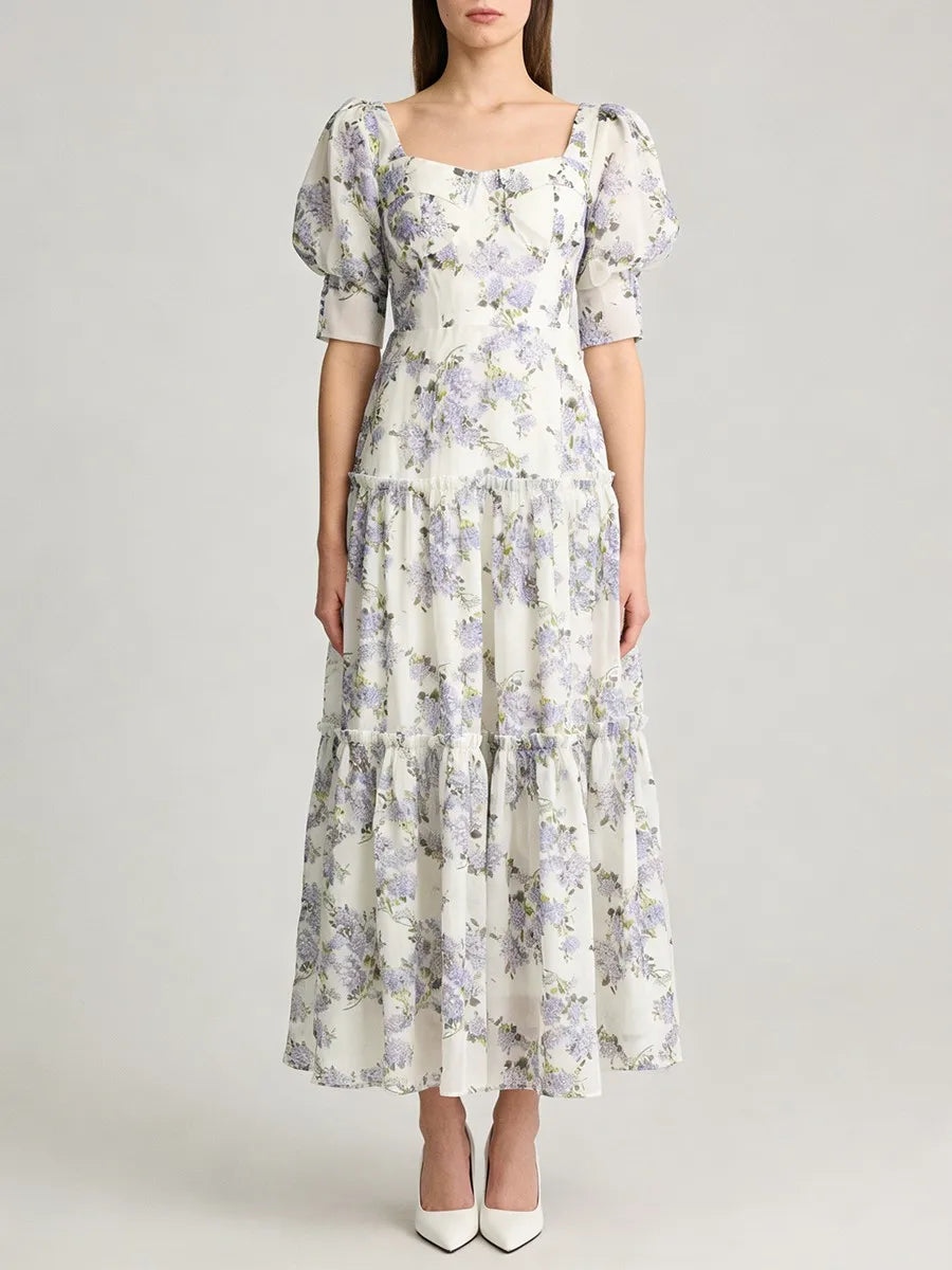 Purple floral lace-up back maxi dress front view