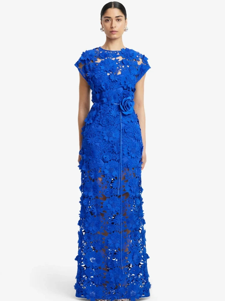 Trend4us Luxe 3D Floral Appliqué Sheer Evening Gown