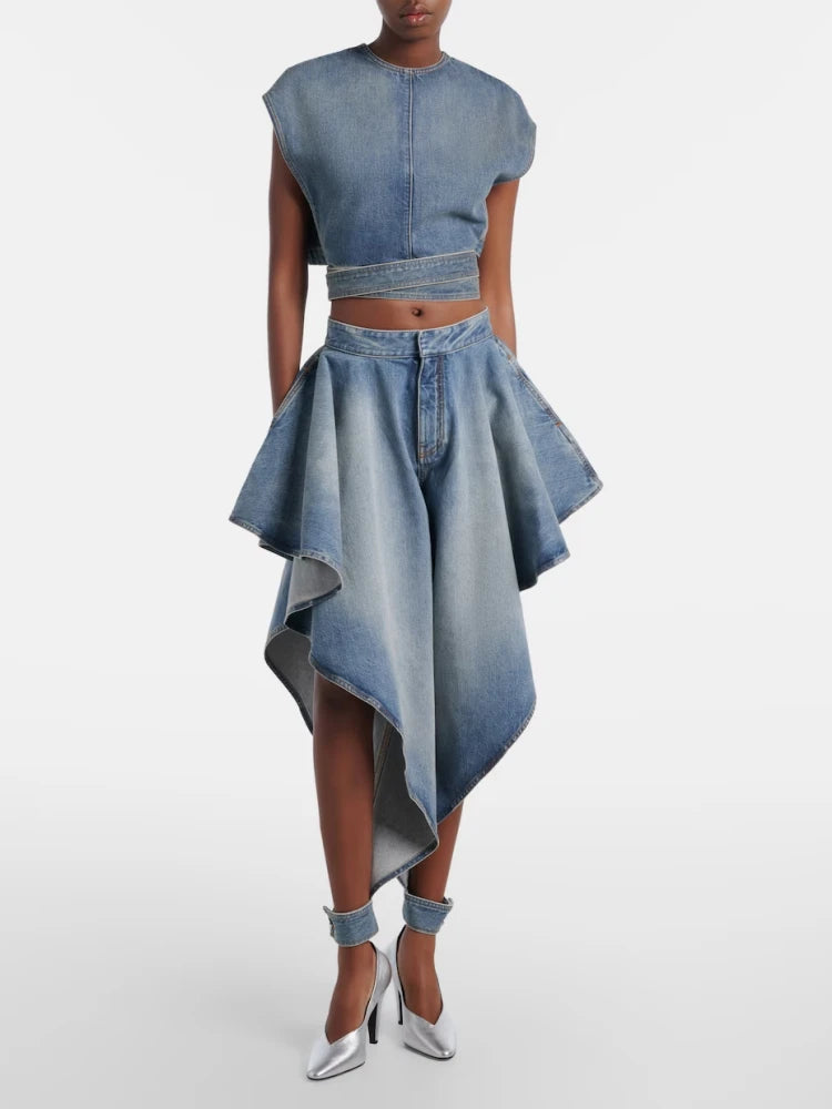 Trend4us Luxe Asymmetrical Denim Crop Top & Draped Skirt Set