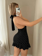 Trend4us Vintage Polka Dot Halter Backless Ruffle Mini Dress back view