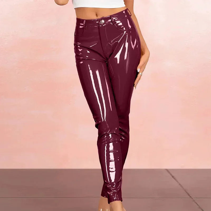 Trend4us Women's Glossy Faux Leather Slim Fit Trousers