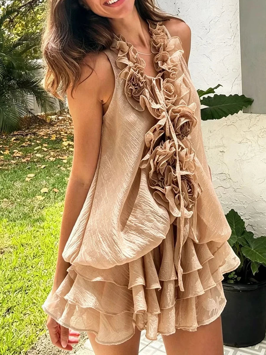 Trend4us Luxe 3D Rosette Ruffle Blouse & Layered Shorts Set