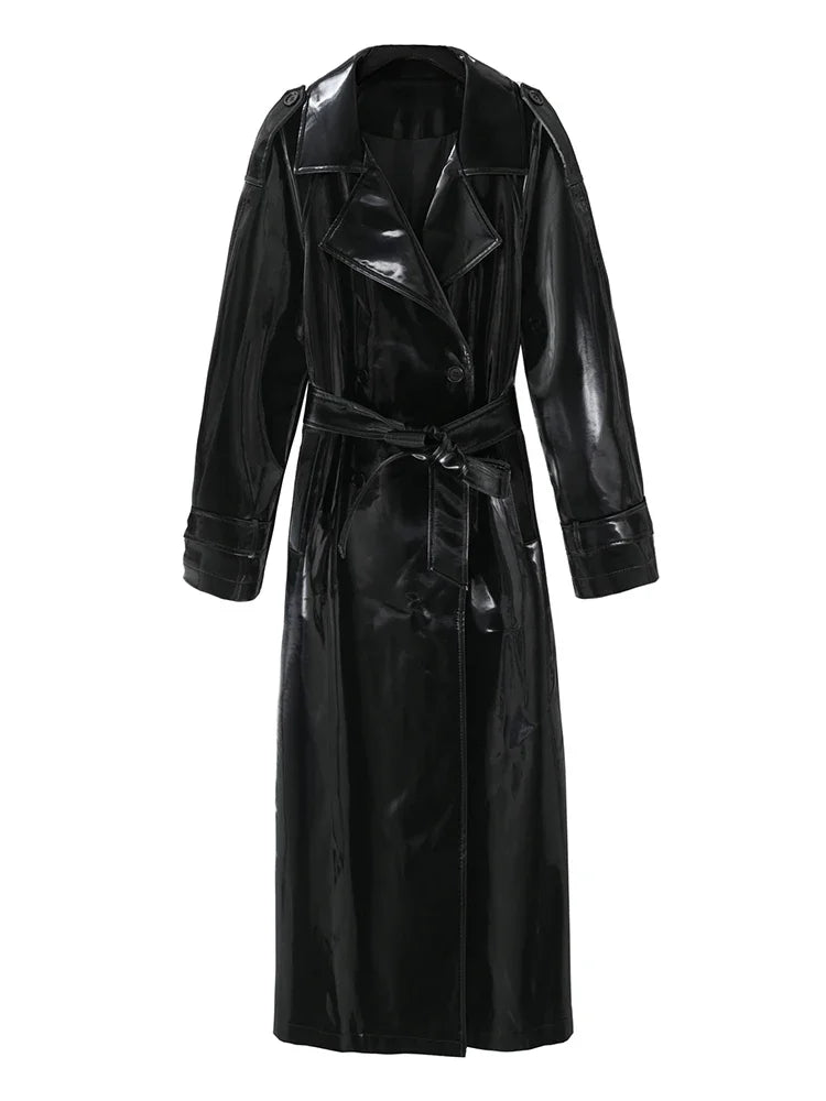 Black vinyl trench coat on a white background