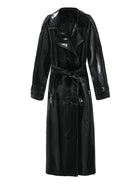 Black vinyl trench coat on a white background