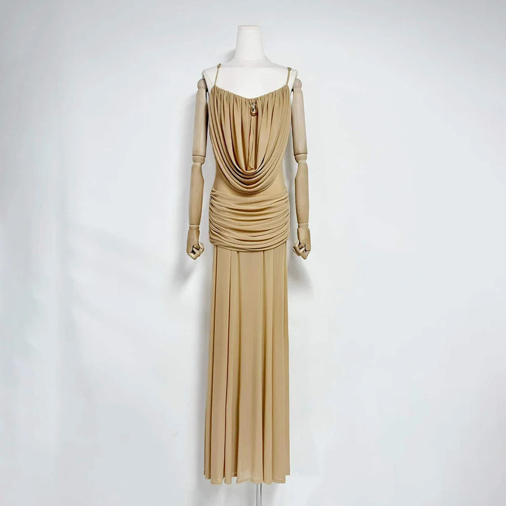Trend4us Luxe Draped Cowl Sheer Maxi Dress - Khaki