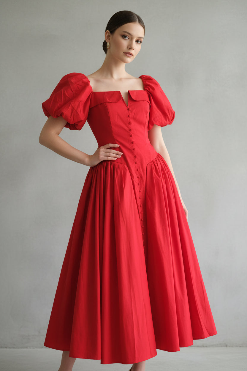 Puff Sleeve Corset Midi Dress