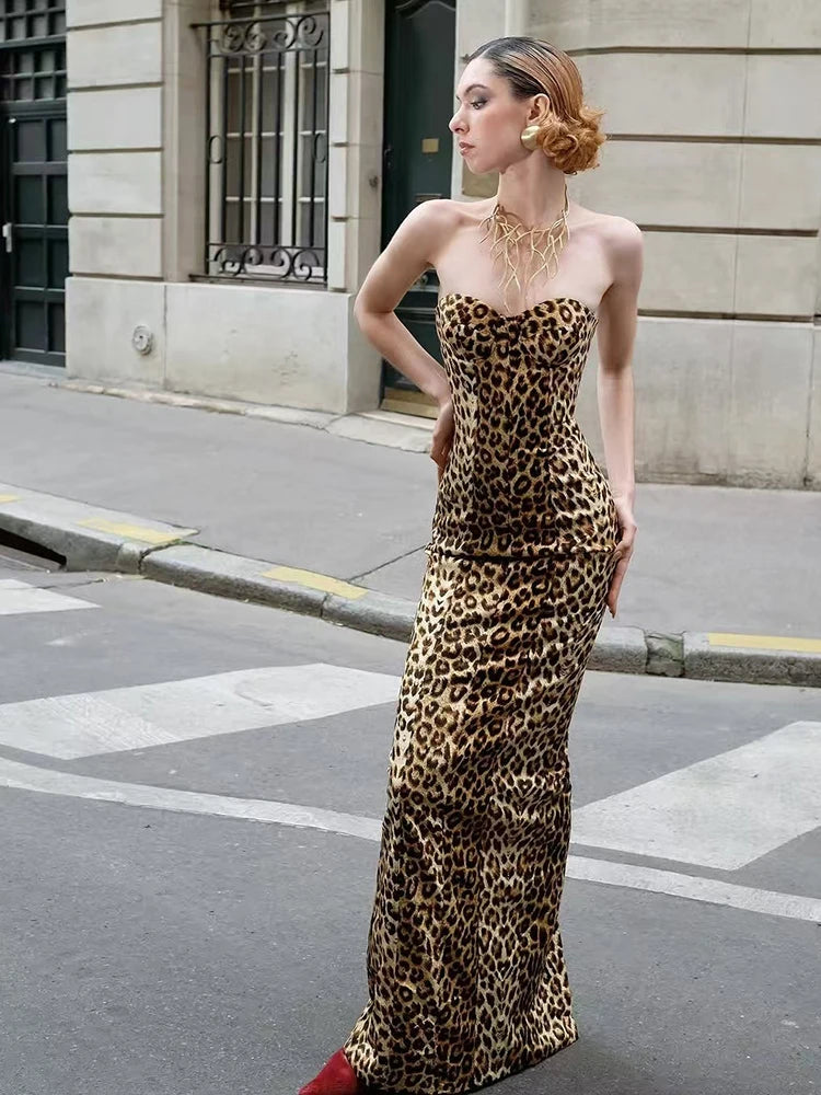 leopard strapless maxi dress Leopard Print Strapless Midi Dress Party & Gala Look Black / L