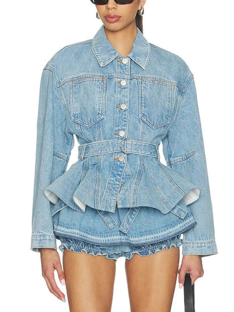 Trend4us Luxe Belted Peplum Denim Jacket & Ruffle Shorts Set in blue