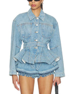 Trend4us Luxe Belted Peplum Denim Jacket & Ruffle Shorts Set in blue