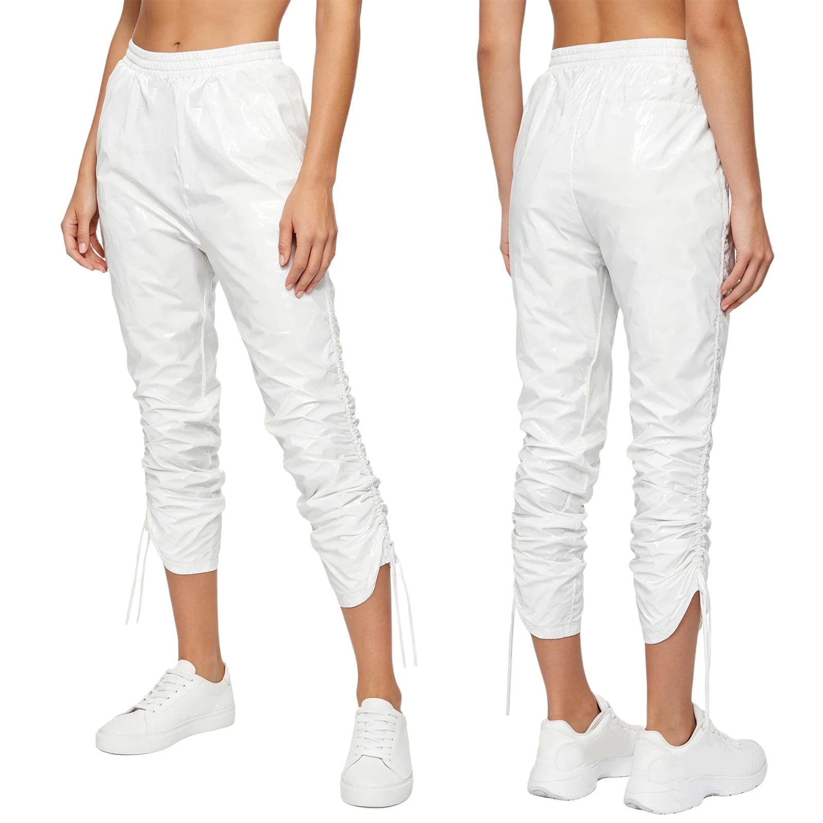 Trend4us Women's Glossy Ruched Drawstring Vinyl Cropped Pants - Ivory