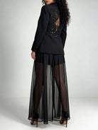 Back view of open-back crystal beaded blazer